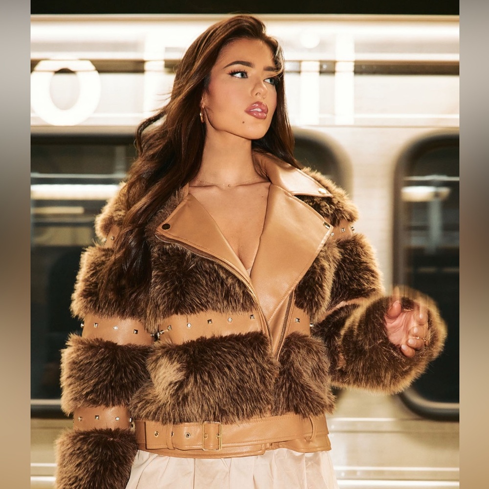 Brand new Luxe Brown Faux Fur Coat with Studded Detailing
